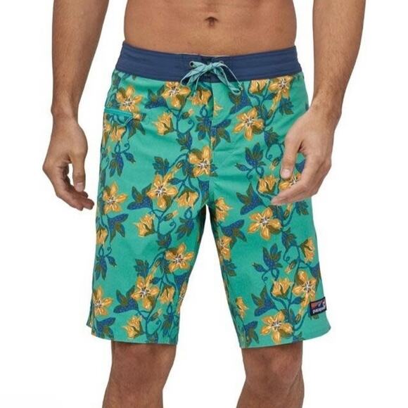 Patagonia Stretch Wavefarer Volley Boardshorts Beryl Green Floral Mens Size 38 - Picture 1 of 10